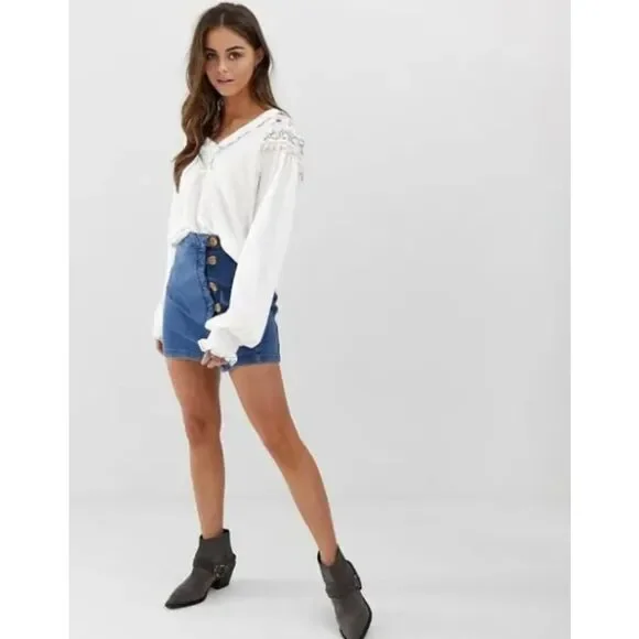 Free People - White Siesta Fiesta Colorful Embroidered Crochet V Neck Top Size S - Picture 5 of 13